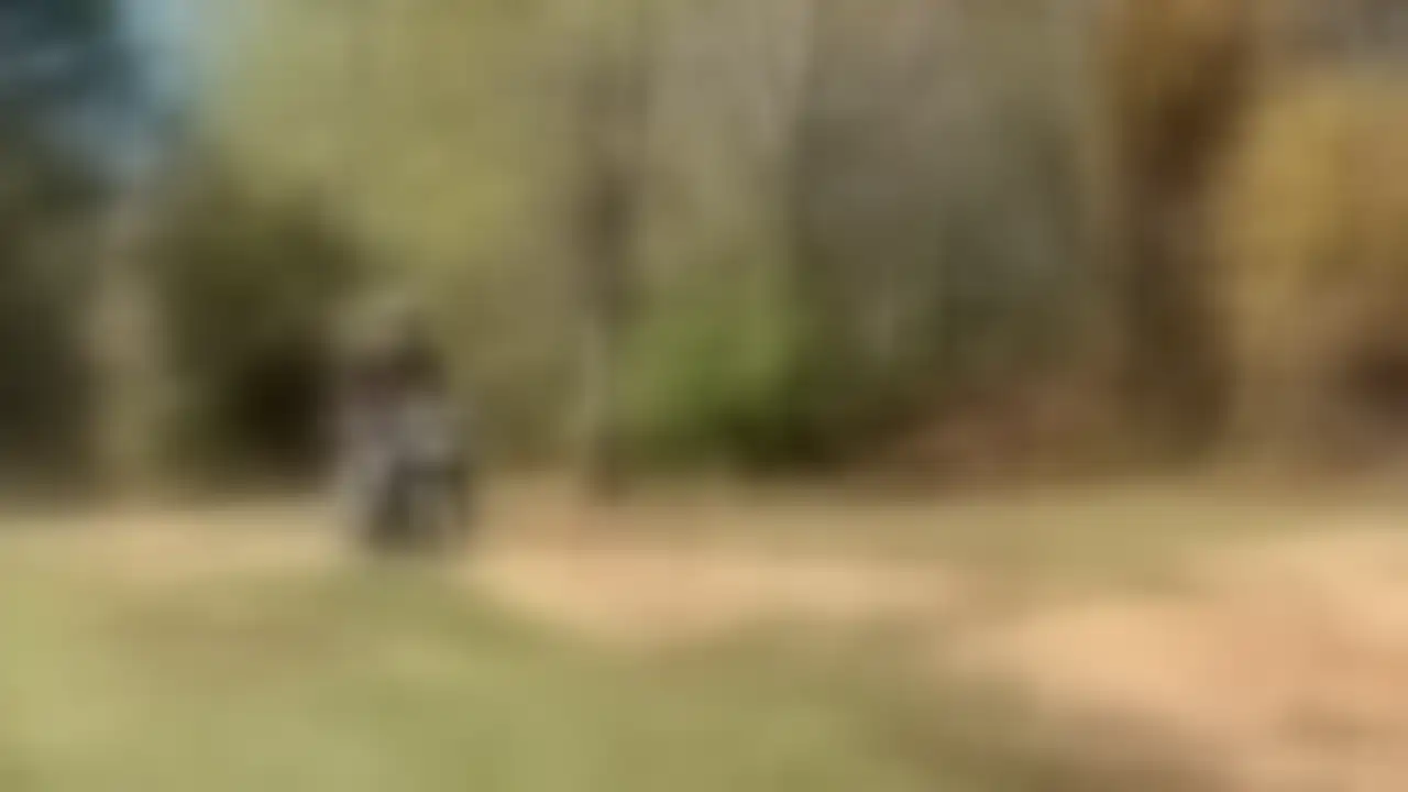 A rider on a loaded adventure bike, on a dirt trail in autumn